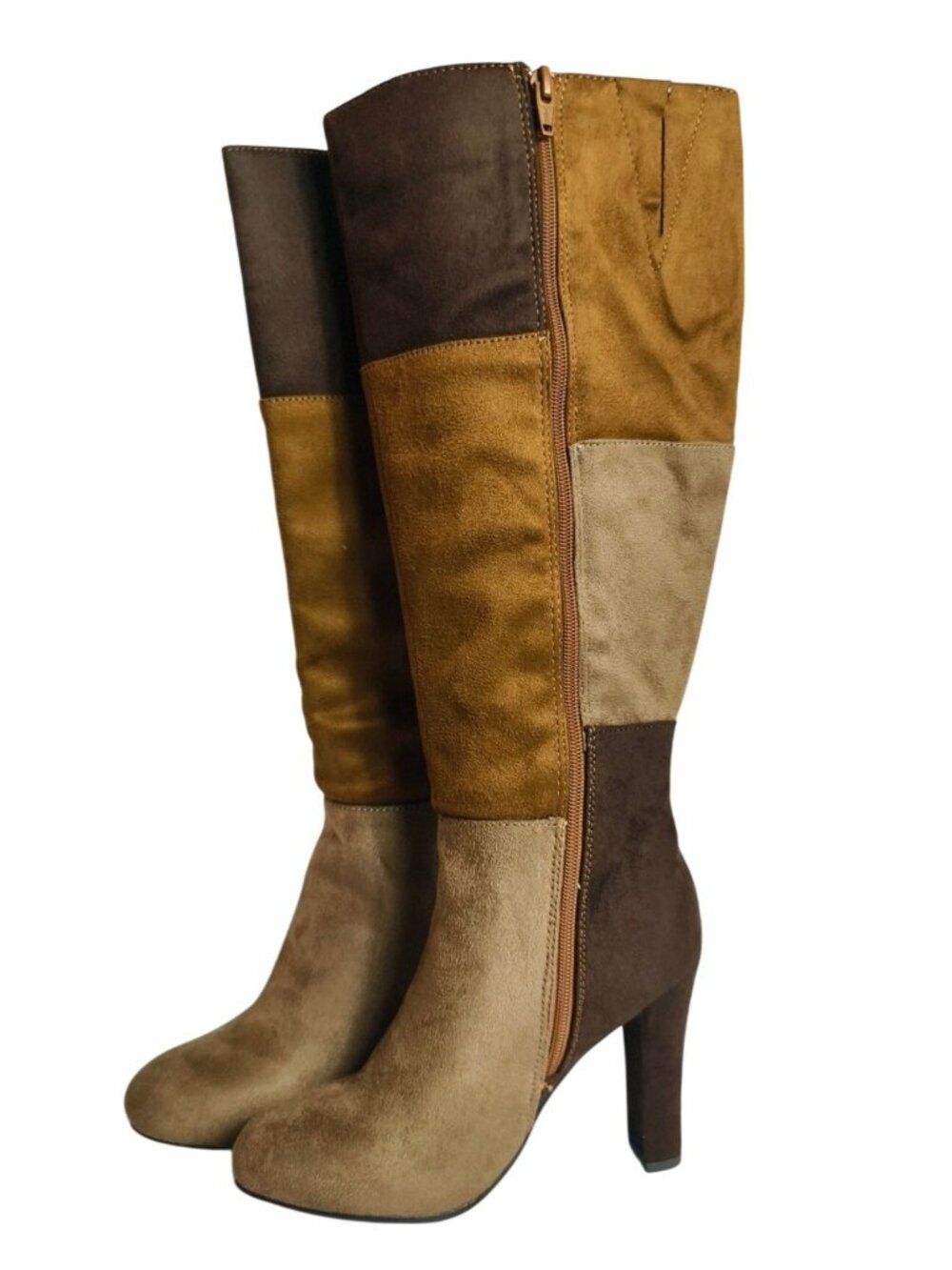Cato Womens 6 Knee-High Boots Patchwork Suede Brown Tan 4" Heel Preppy Boho Box
